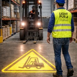 Panneau lumineux de sécurité projeté au sol – Prévention collisions chariots élévateurs & piétons