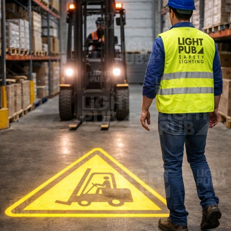 Panneau lumineux de sécurité projeté au sol – Prévention collisions chariots élévateurs & piétons