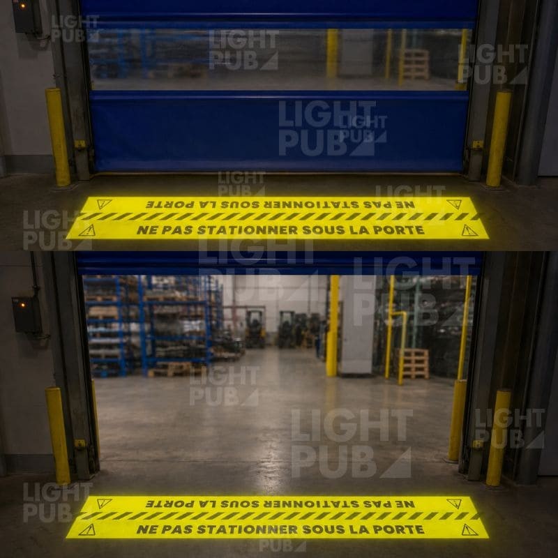 Signalétique lumineuse projetée au sol – Bande d’alerte danger pour portes automatiques industrielles