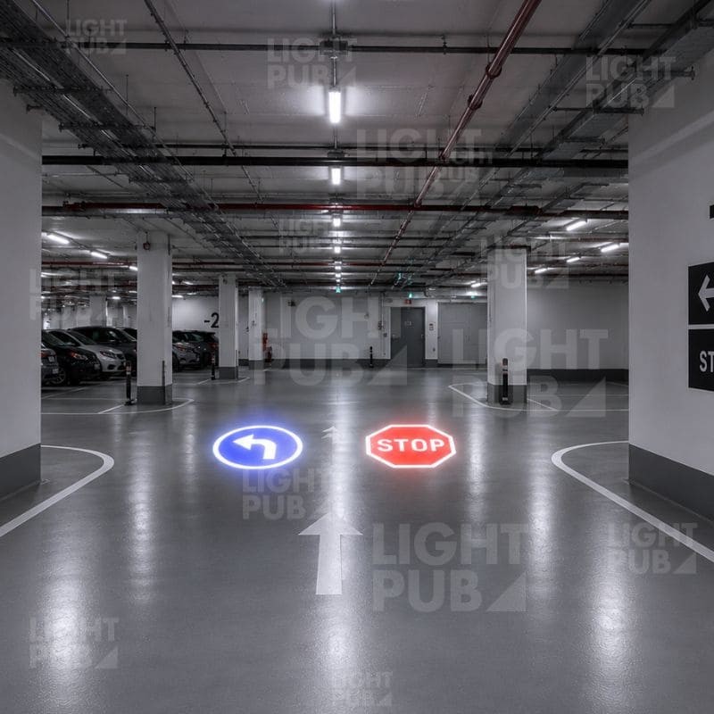 Projecteur de signalisation lumineuse LED pour parking souterrain – STOP, flèches directionnelles et signalisation au sol