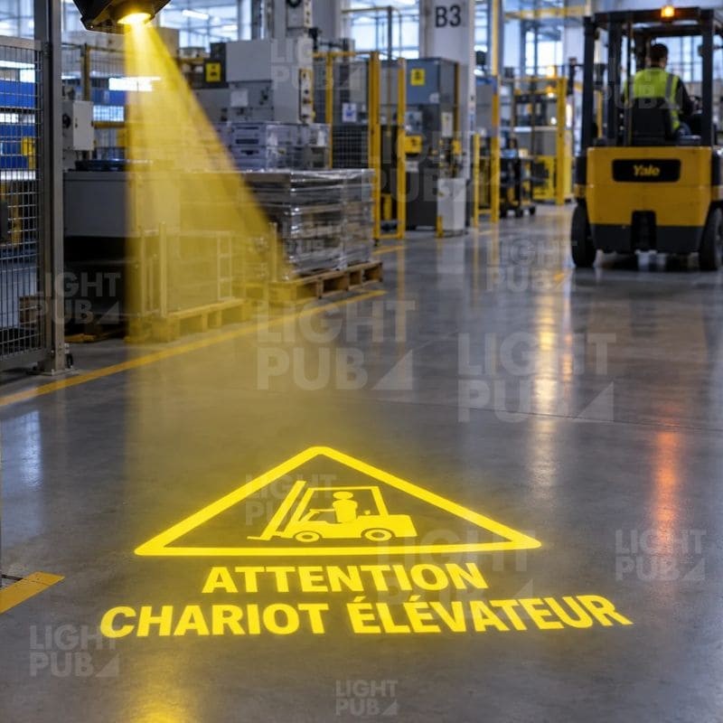 Signalétique lumineuse projetée au sol « Attention chariot élévateur »